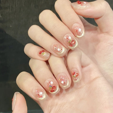 10pcs Sweet Cherry Press On Nails For Women Girls Shiny Smile Cat's Eye Y2k Star Handmade Fake Nails Gentle Blush False Nail