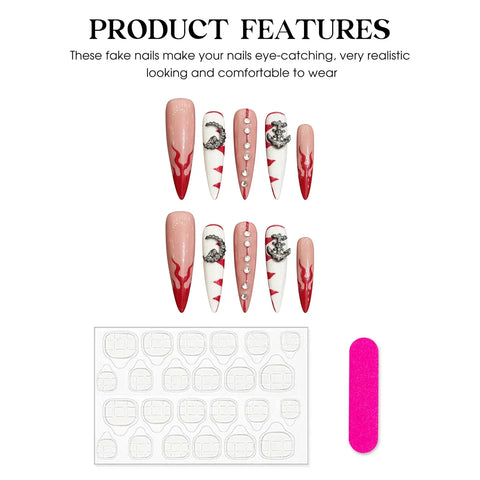10pcs Long Stiletto Press On Nails Handmade Red French Style Glossy White Fake Nail Tips Glitter Diamond Decor Reusable Nail Art