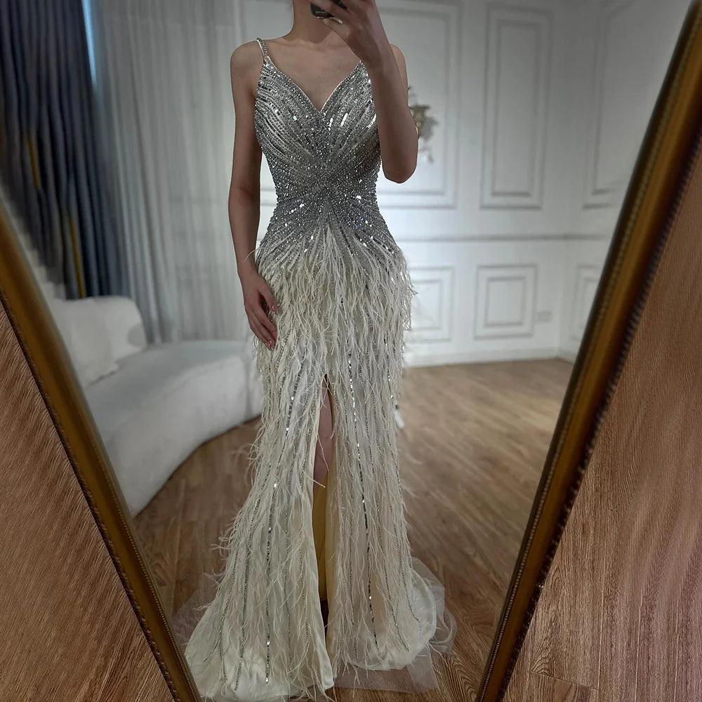 Serene Hill Arabic Black Spaghetti Strap Split Feathers Beaded Mermaid Evening Dresses Gownsfor Women Wedding Party 2024 LA70623