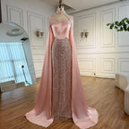 Luxuriöses arabisches Perlen-Abendkleid in Pink mit Umhang