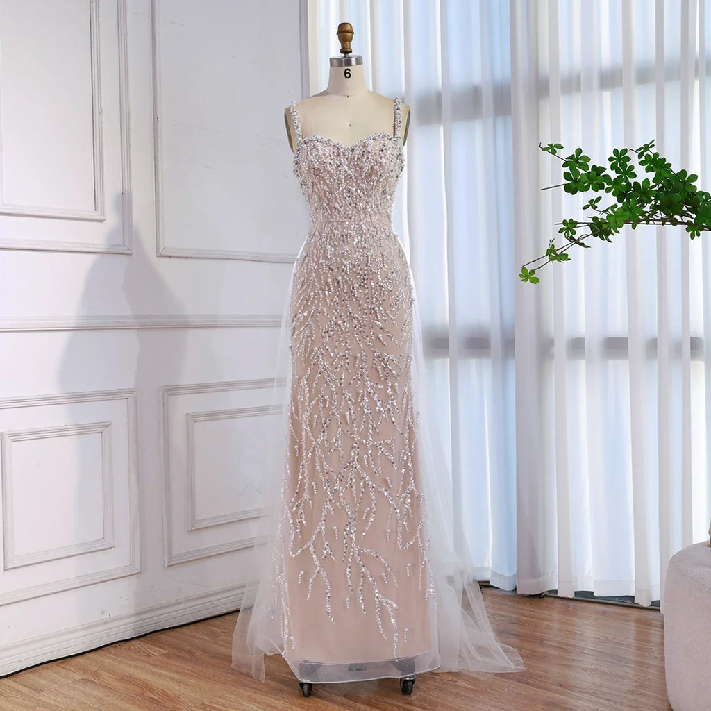 Luxury Lace Pearls Mermaid Evening Dress With Glove White Nude