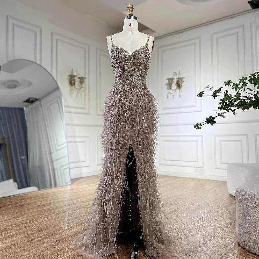 Serene Hill Arabic Black Spaghetti Strap Split Feathers Beaded Mermaid Evening Dresses Gownsfor Women Wedding Party 2024 LA70623