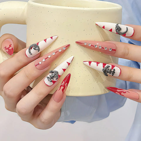 10pcs Long Stiletto Press On Nails Handmade Red French Style Glossy White Fake Nail Tips Glitter Diamond Decor Reusable Nail Art