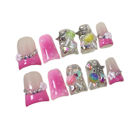 10pcs Fantasy Lollipop Wearable Fake Nails Gradient Pink French Style Y2k Star Diamond Press On Nails Sweet Duckbill False Nail