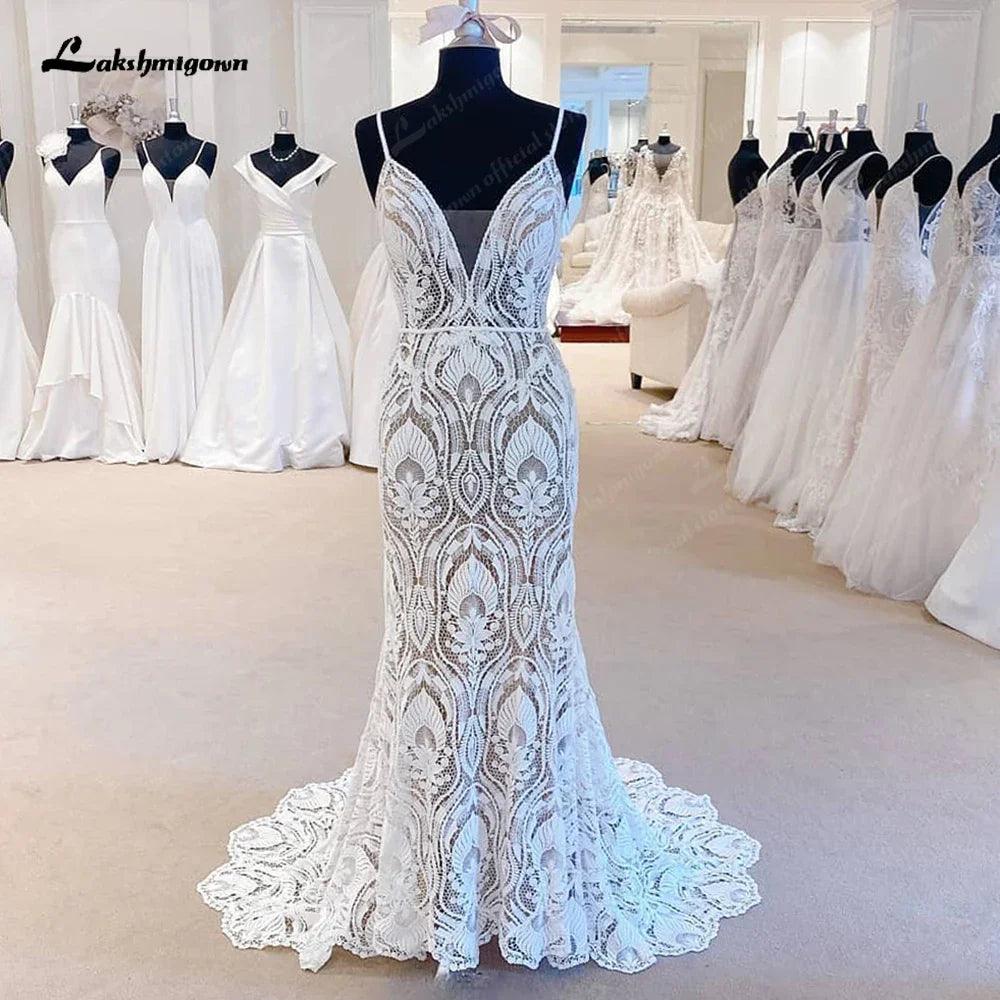 Vestidos de novia de encaje sexy NumberSea 2025, escote en V, espalda abierta, largo, tirantes finos, apliques, corte A, vestido de fiesta 