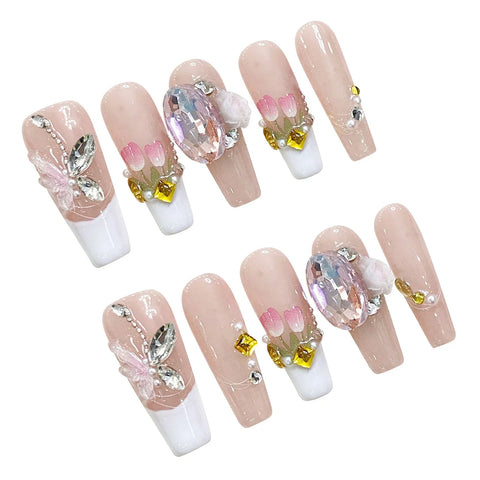10pcs White French Handmade False Nails Gentle Pink Long Coffin Fake Nail Tips 3D Tulip Flower Glossy Diamond Press On Nails