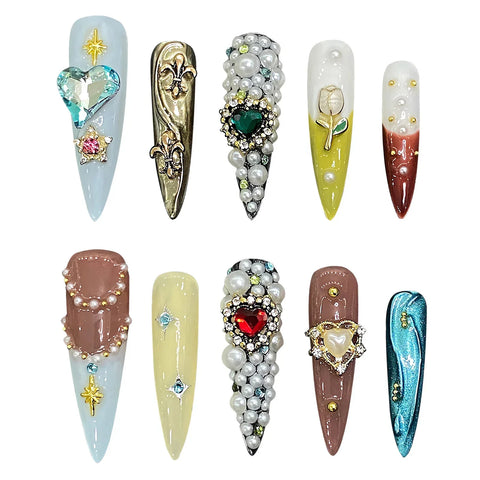 10pcs Handmade French Tips Fake Nails Flash Diamond Heart Pearl Tulip Flower Designs Press On Nails Luxury False Nails For Women