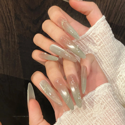 10pcs Green Grapefruit Color Press On Nails Handmade Ice Transparent Cat Eye Fake Nail Simple Light Luxury False Nail For Spring