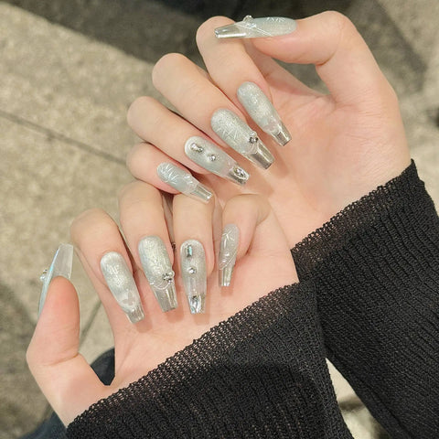 10pcs Handmade press On Nails New Chinese Style Silver French Tips Fake Nail Hand-painted Bamboo Leaf Pearl Diamond False Nails