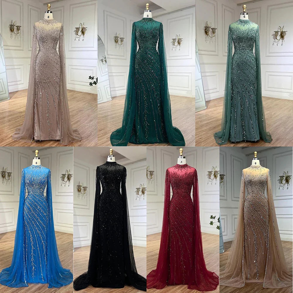 Vestido de Noche de Lujo Nude Estilo Sirena con Mangas de Capa