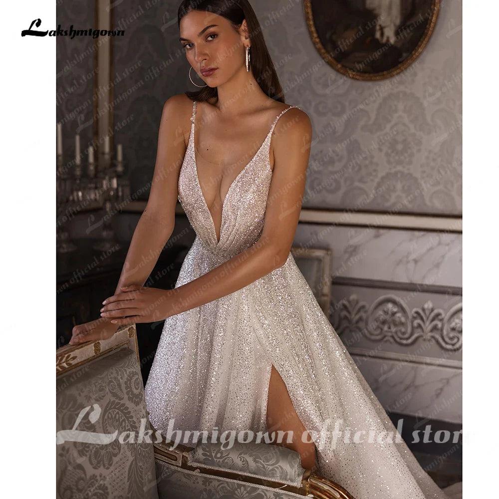 NumberSea Split Side Shiny Glitter Boho Women Wedding Dress for Bride Spaghetti Straps Wedding Gown batas de novia para