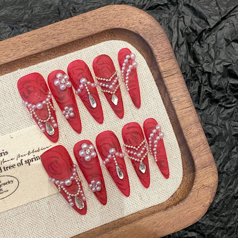 10pcs Handmade Red False Nails Long Stiletto Punk Style Press On Nails Y2k Glossy Diamond Flower Designs Fake Nail Patches