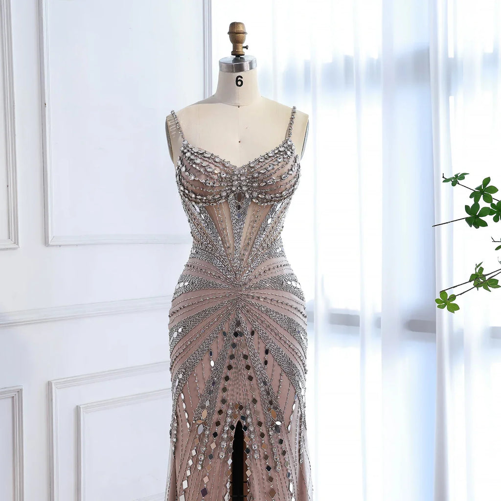 Vestido de Fiesta Sirena Corsé Nude de Lujo con Cuentas LA72803A