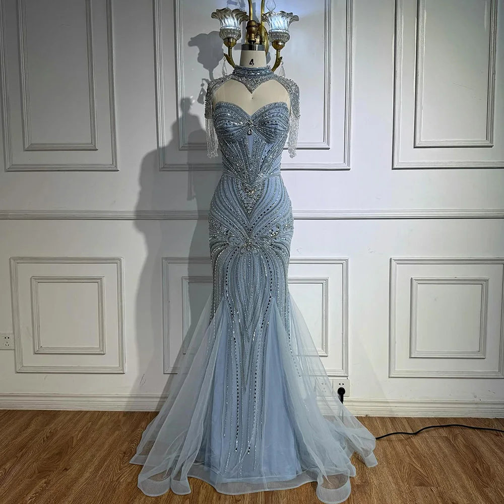 Luxury Nude Beaded High Neck Mermaid Evening Dress LA72897