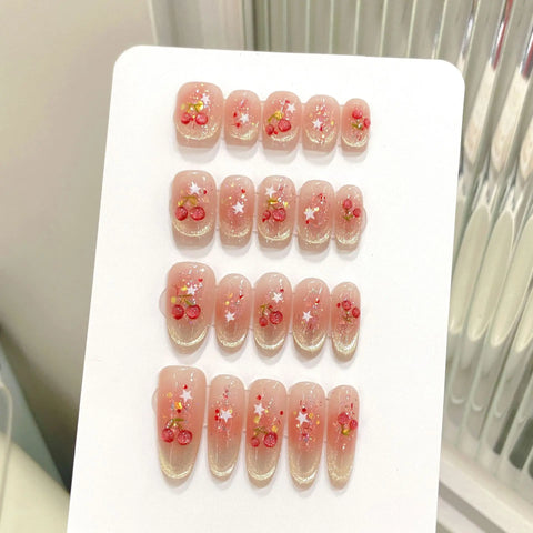 10pcs Sweet Cherry Press On Nails For Women Girls Shiny Smile Cat's Eye Y2k Star Handmade Fake Nails Gentle Blush False Nail