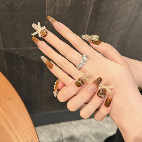10pcs Gradient Brown Autumn Press On Nails Glossy Rhinestone Bowknots Chain Handmade Falese Nails Mid-length Ballet Manicure Art