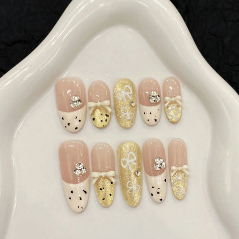 10pcs Handmade Press On Nails Kawaii Almond White French Bowknots Decor Fake Nails Shiny Gold Powder Cat Eye Sweet False Nail