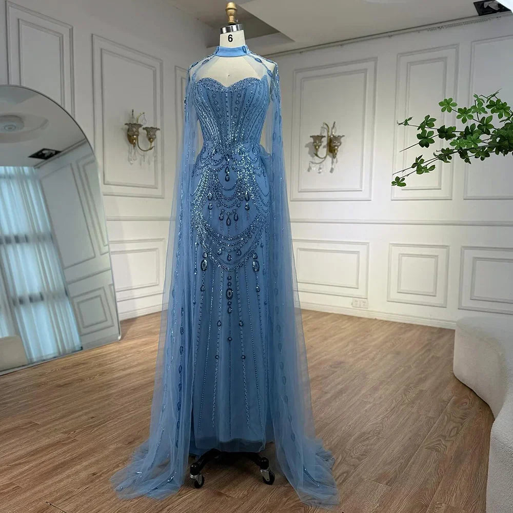 Luxury Blue Sequin Beaded Evening Dress with Cape Sleeves