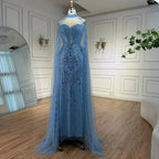 Luxury Blue Sequin Beaded Evening Dress with Cape Sleeves