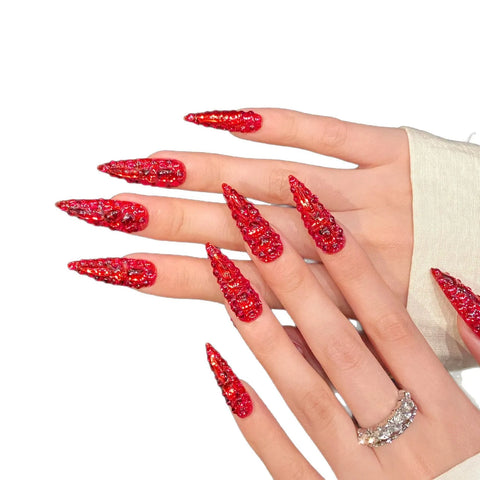 10pcs Full Shiny Rhinestone Press On Nails Handmade Red Long Stiletto Luxury False Nails Full Cover Y2k Fake Nail For Summer