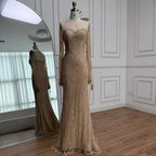 Luxury Arabic Lace Beaded Mermaid Evening Dress with Sleeves