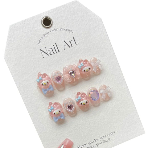 10pcs Handmade Press On Nails Lignt Pink Cute Cartoon Decor False Nail Patches 3D Bows Pearl Designs Korean Fake Nail Tips