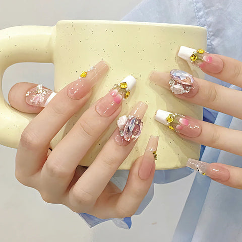 10pcs White French Handmade False Nails Gentle Pink Long Coffin Fake Nail Tips 3D Tulip Flower Glossy Diamond Press On Nails