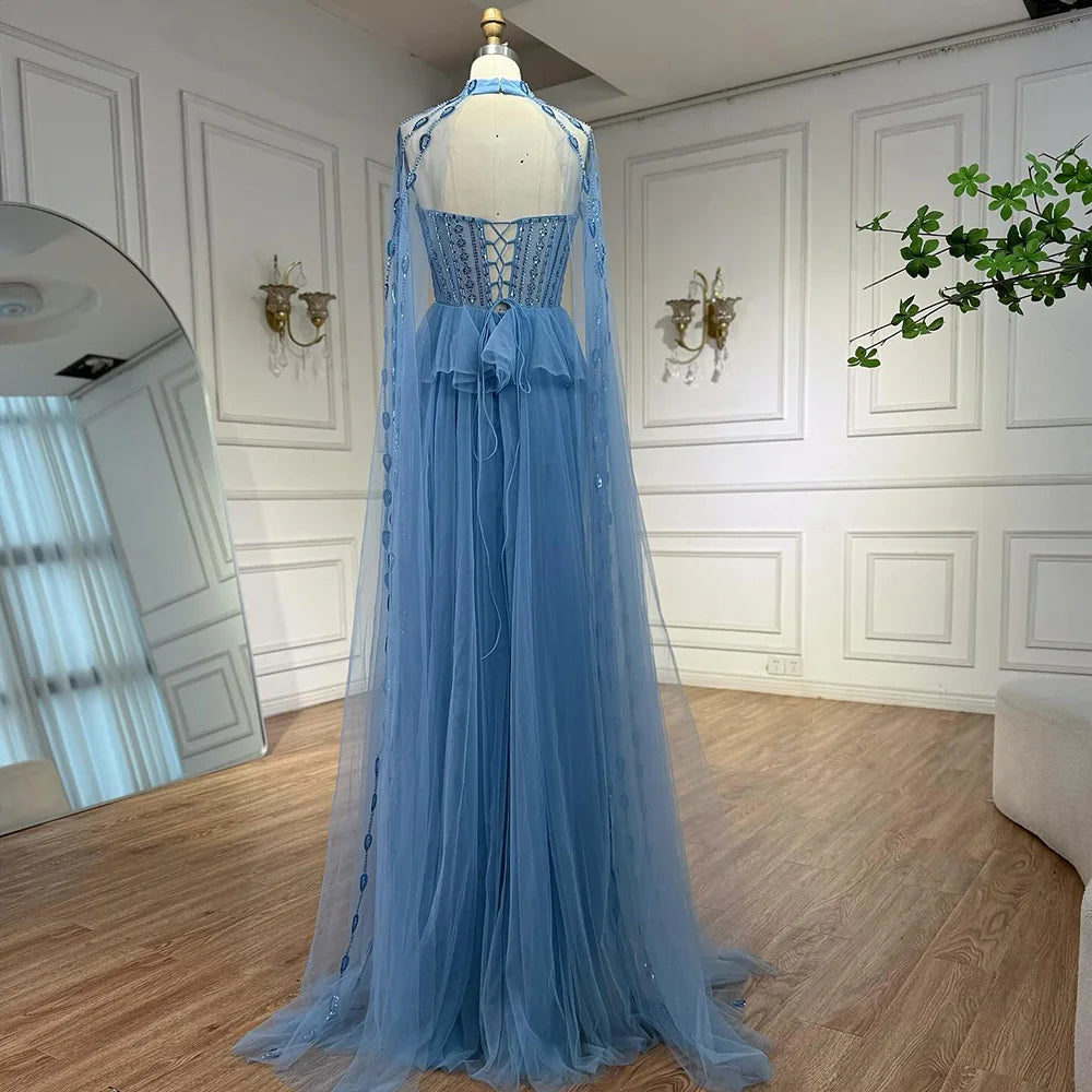 Luxury Blue Sequin Beaded Evening Dress with Cape Sleeves
