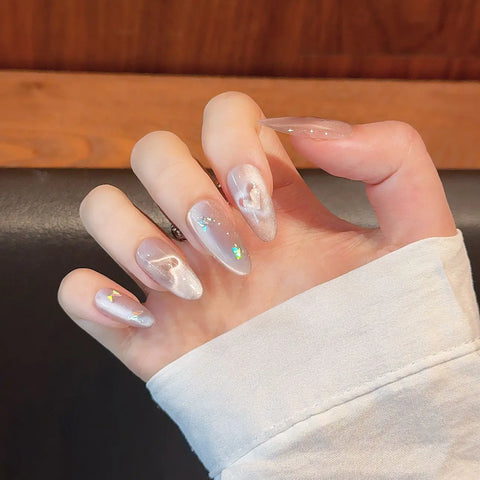 10 Stück handgefertigte Press-On-Nägel, Glitzer, Rosa, Liebesherz, Katzenauge, künstliche Nagelspitzen, vollständige Abdeckung, modische künstliche Nägel für Frauen und Mädchen 