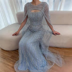 Vestido de Noche de Lujo Azul Diamante con Capa