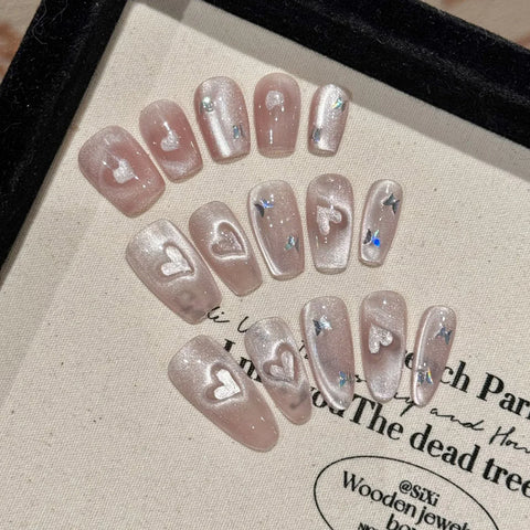 10 Stück handgefertigte Press-On-Nägel, Glitzer, Rosa, Liebesherz, Katzenauge, künstliche Nagelspitzen, vollständige Abdeckung, modische künstliche Nägel für Frauen und Mädchen 