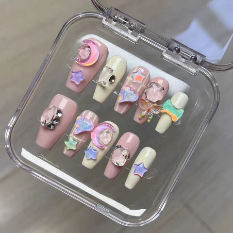 10pcs Detachable Press on Nails Sugar Cream Sparkling Handmade Fake Nails Glossy Purple False Nail Tips With 3D Moon Star Design