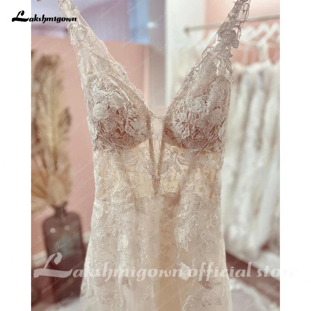 Vestidos de novia NumberSea con escote en V, sin mangas, con apliques de encaje, corte A, espalda descubierta, cola de corte, vestido de novia 