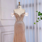Luxury Nude Off Shoulder Beaded Tassel Evening Dress