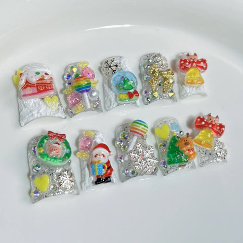 10 Stück bunte handgefertigte künstliche Nägel im französischen Stil, glänzender Diamant, Kirschstern, Lolipop, Schmetterling, zum Aufdrücken der Nägel, süßer, cooler falscher Nagel 