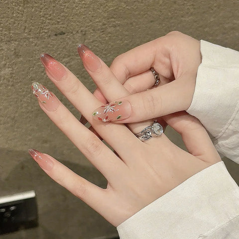 10pcs Glossy Pink Cat's Eye Press On Nails Hand Painted Pear Flower False Nail Full Cover Wearable Korean Style Fake Nail Patch