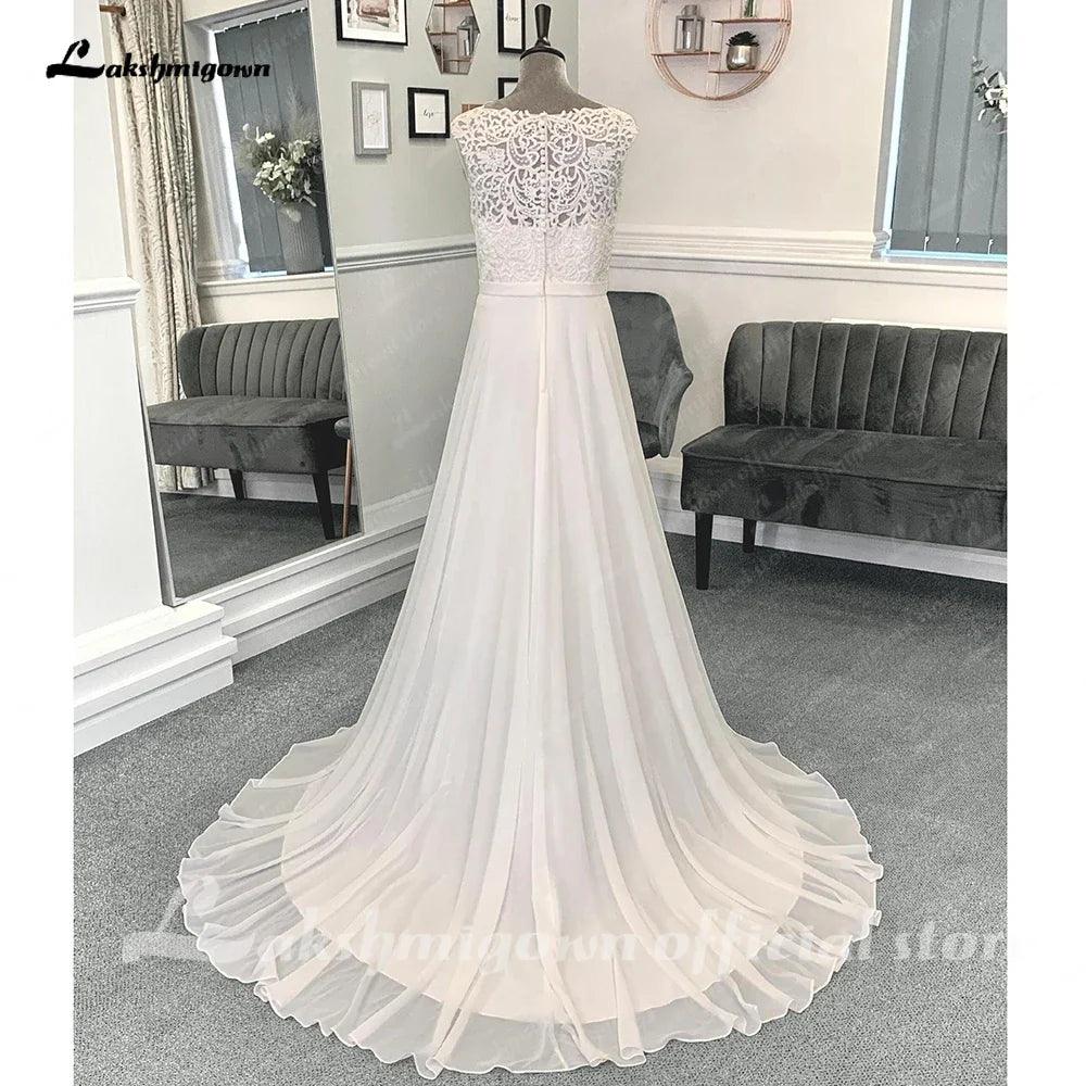 Vestido de novia NumberSea de gasa con encaje y escote barco para mujer, 2025, con espalda abierta 