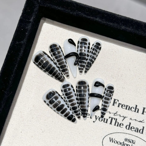 10 Stück handgefertigte Press-On-Nägel, dunkelschwarz, langer Stiletto, 3D-Schleifen, Strass-Dekor, künstliche Nägel, süße, coole Maniküre für Frauen 