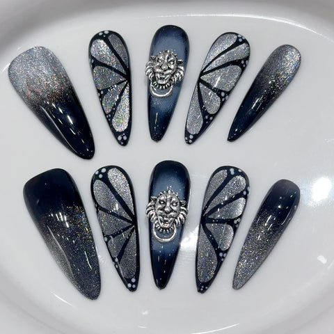 10pcs Punk Style Press On Nails Handmade Long Stiletto Y2k Fake Nail Tips Glossy Grey Fake Nail Patches With Metal Stripe Decor