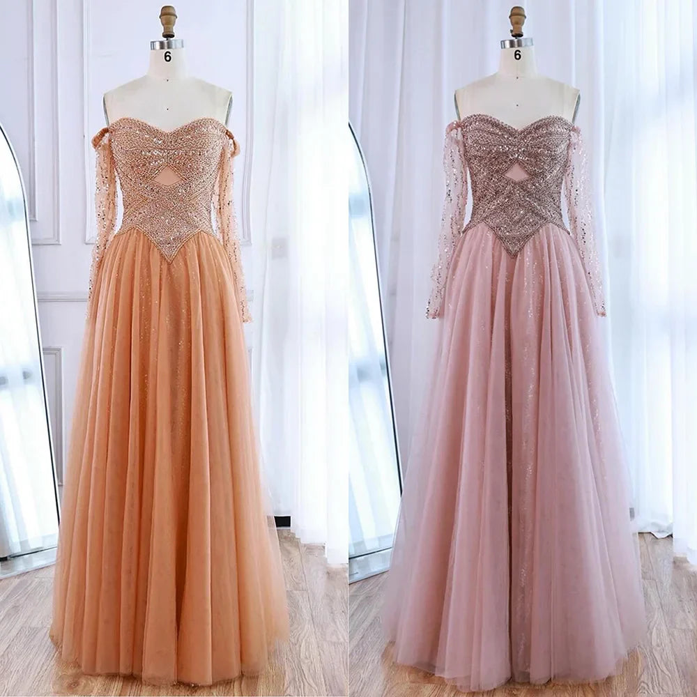 Luxuriöses schulterfreies A-Linien Abendkleid mit Perlen
