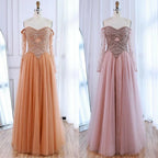 Luxuriöses schulterfreies A-Linien Abendkleid mit Perlen
