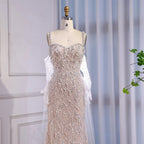 Luxury Lace Pearls Mermaid Evening Dress With Glove White Nude