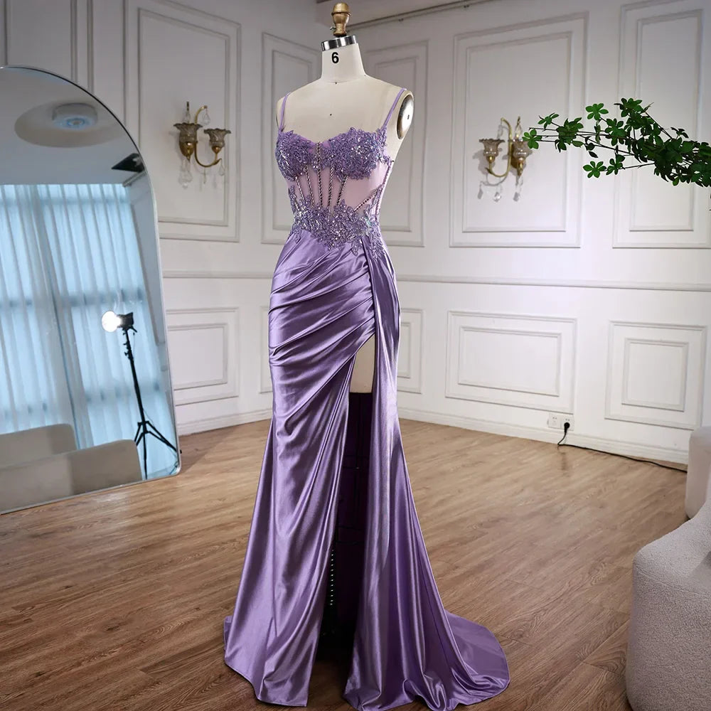 Vestido de fiesta de satén verde menta de lujo con cuentas y abertura LA72995