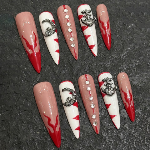 10pcs Long Stiletto Press On Nails Handmade Red French Style Glossy White Fake Nail Tips Glitter Diamond Decor Reusable Nail Art