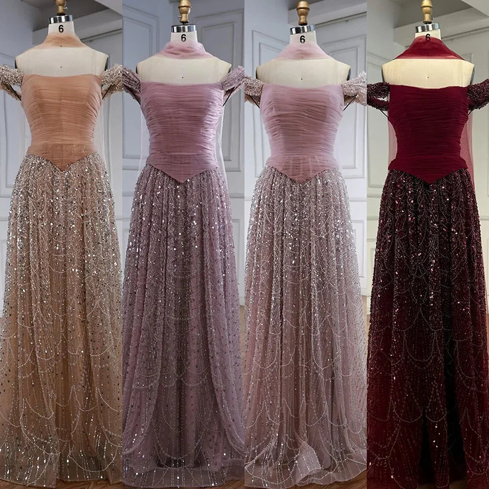 Luxuriöses arabisches Abendkleid mit Cape und rosa Perlenstickerei
