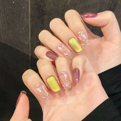 10 Stück neue zweifarbige Press-On-Nägel, handgefertigt, glänzende Glasperlen, Katzenauge, künstliche Nägel, glänzende Pailletten-Designs, DIY-Gefälschte Nagelspitzen 