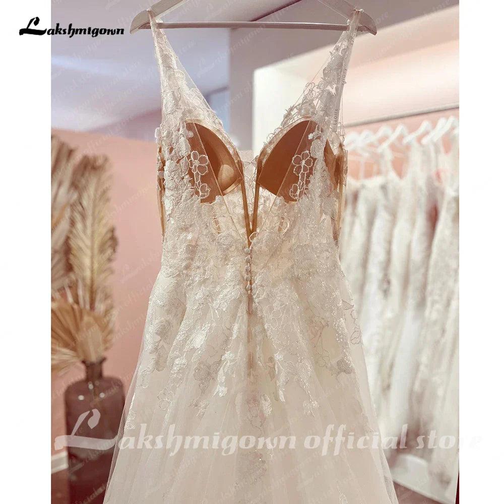 Vestidos de novia NumberSea con escote en V, sin mangas, con apliques de encaje, corte A, espalda descubierta, cola de corte, vestido de novia 