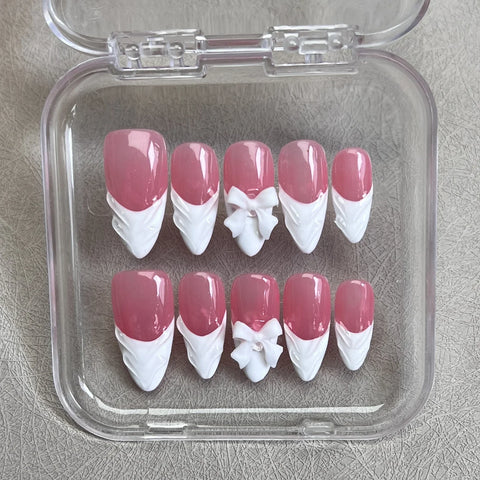10pcs White French Handmade False Nails 3D Bowknots Designs Press On Nails Rose Pink Detachable Almond Fake Nail Patches