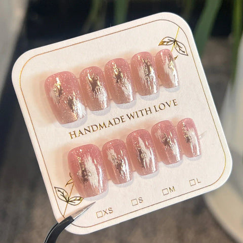 10pcs Short Round Head Handmade False Nails Pink French Style Cat's Eye Press On Nails With Pearl Rhinestone Designs Fake Nail