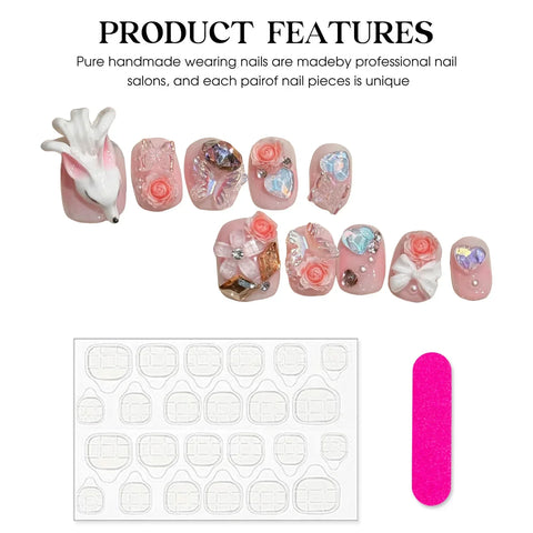 10pcs Handmade Press On Nails Light PInk Short Square Fake Nail Tips With 3D Fox Flower Bows Butterfly Designs Sweet False Nails